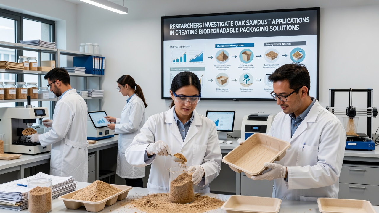 Oak sawdust composite packaging prototypes undergoing biodegradation testing in controlled soil environments
